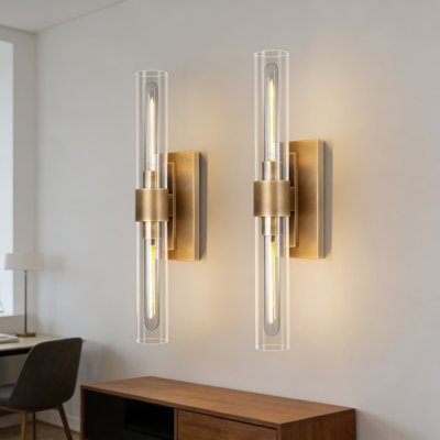 Brass Wall Sconces Set Of Two - 2-Light Tube Wall Lights For Bathroom, Bedroom, Vanity, Hallway With Clear Glass Shades