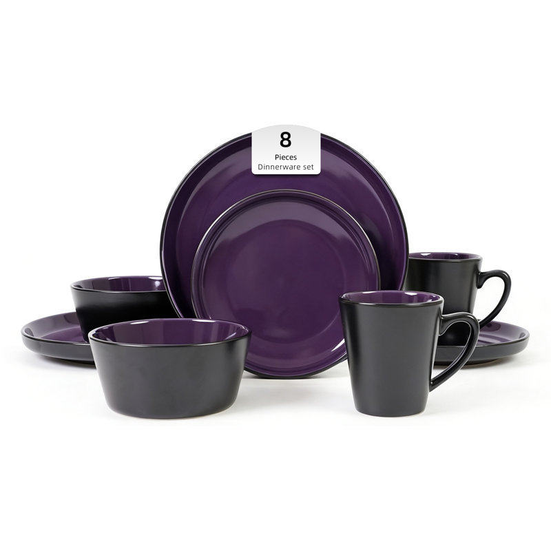 HomeVSS 8-Piece Stoneware ColorCore Dinnerware Set, Shiny Purple Inside & Matte Black Outside, Service for 2, Purple
