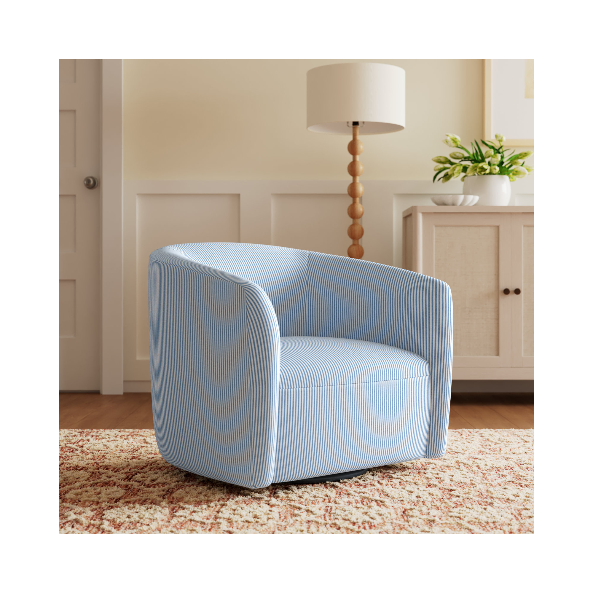 Marita Upholstered Swivel Barrel Chair, Prep Stripe Blue