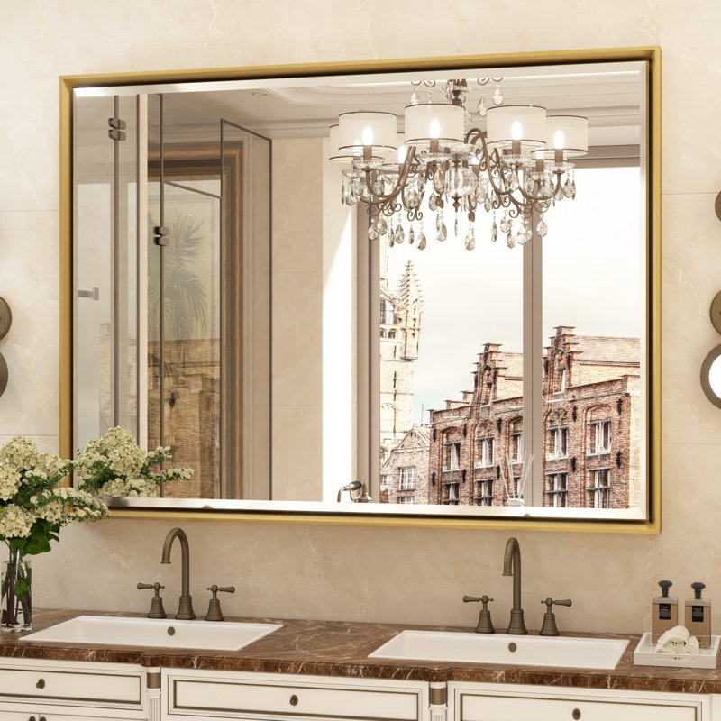 Gold 36x36 Inch Square Beveled Bathroom Vanity Mirror
