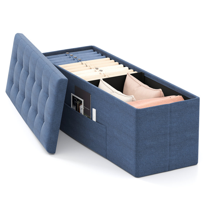Folding Storage Ottoman Bench, Storage Chest Box w/Divider, Padded Seat Shoe Bench, Fabric Tufted Ottoman for Home, Navy