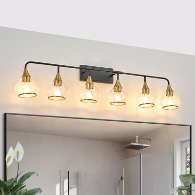 Applique murale moderne pour meuble-lavabo 6 lumières 48 "- noir et or avec abat-jour en verre transparent