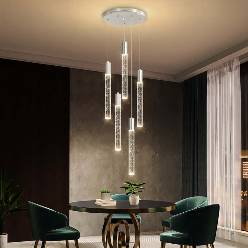 Lustre en cristal à 5 lumières DEL à intensité variable, 5 lights, Argent argent