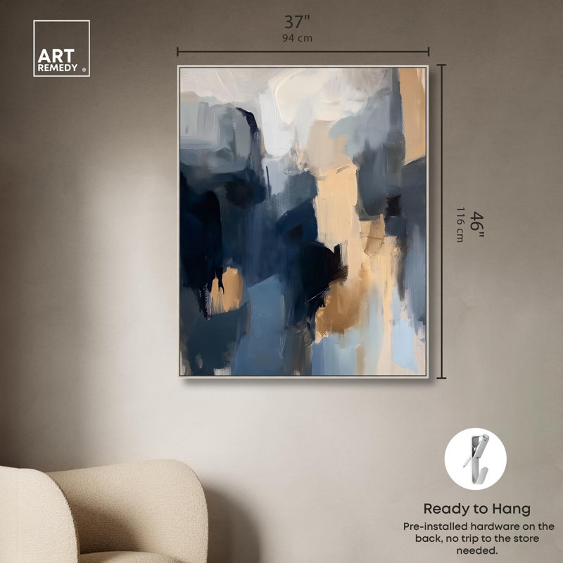 Navy Beige II Canvas Blue Abstracts by Art Remedy, 46" H x 37" W, Silver Floater Framed