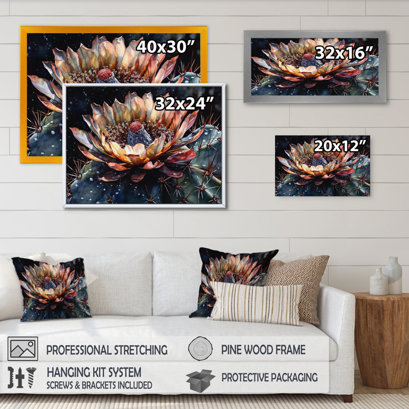 Rowin Brown Green Cactus Flower II sur impression sur toile, H 12 po x l 20 po x P 1 po, Cadre photo noir