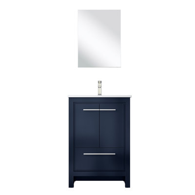 24 po L x P 20 po. Armoire de salle de bain bleu marine avec comptoir en quartz blanc, robinet en nickel brossé inclus et miroir 18 po