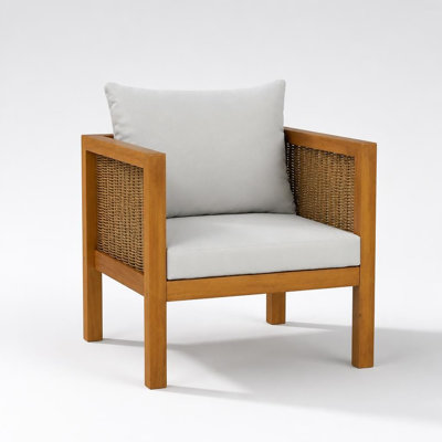 Ensemble de 3 fauteuils d'extérieur, chaises d'appoint de patio avec structure en bois d'acacia massif, panneaux latéraux en rotin tressé à la main et coussins résistants à l'eau, assise ergonomique et spacieuse