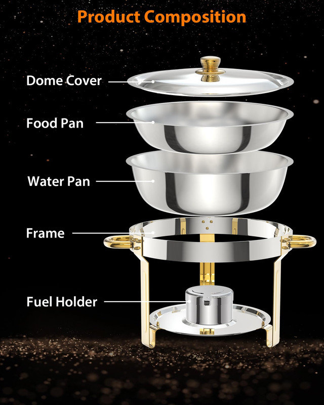 Ensemble de buffet à vaisselle rond 5QT - Ensemble de 4 réchauds en acier inoxydable avec couvercles, porte-couvercles, cuillère de service et pince à épiler pour les mariages, la restauration et les dîners
