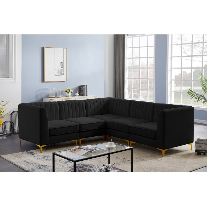 Enson Velvet L-Shaped Sectional Reversible, Black Velvet