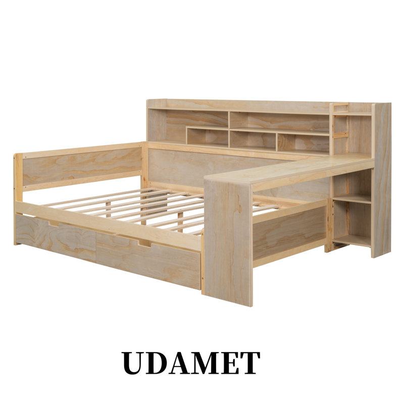 Lit de jour en bois avec tablettes de rangement, bureau d'étude et 2 tiroirs - Lit double multifonctionnel pour petits espaces
