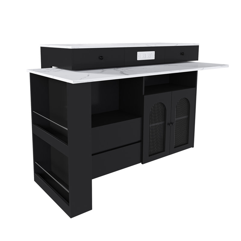 Kitchen Island with Extendable & Rotating Table, MDF with Marble Veneer Retro Design, 4 Drawers & Glass Door Cabinets with Built-in Socket, Expandable Dining Station for 2-4 Person