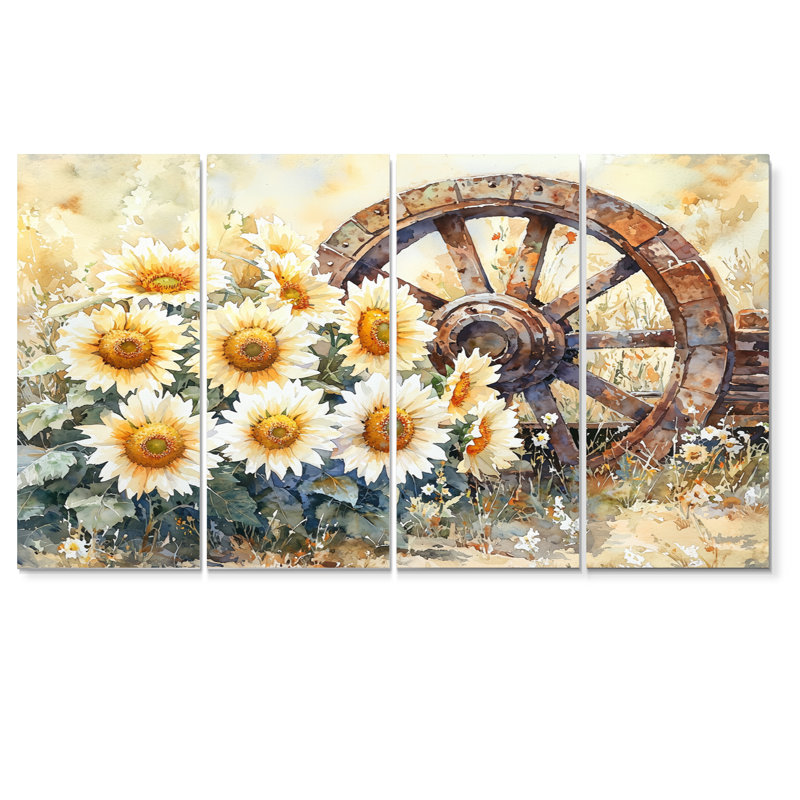 Domnick - Art mural de tournesols - Art mural traditionnel sur toile, 4 pièces, H 32 po x l 64 po
