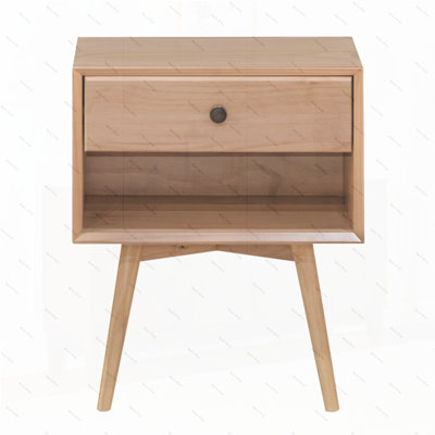 Mid-Century Solid Wood 1-Drawer Nightstand – Natural Pine