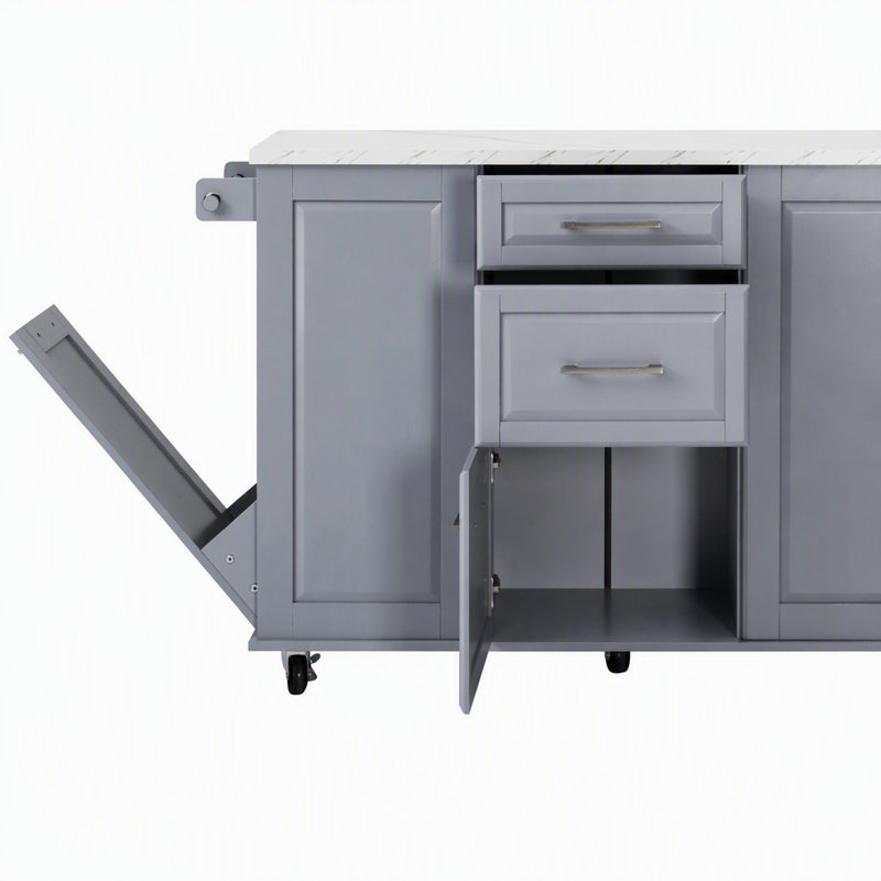 Îlot de cuisine de 129 cm avec meuble à ordures inclinable, organisateur coulissant, abattant et 2 tiroirs, Grey+Blue