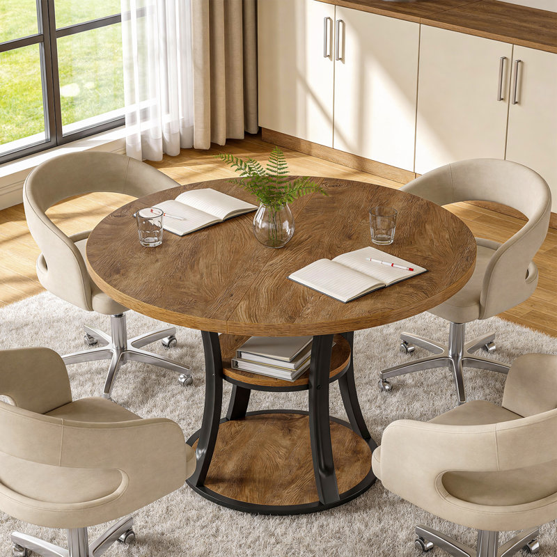 Table de conférence ronde de 39 pouces pour 2 à 4 personnes, petite table de réunion moderne avec tablette de rangement à 2 niveaux et base en métal pour bureau, salle de conférence, petits espaces (brun rustique + noir)