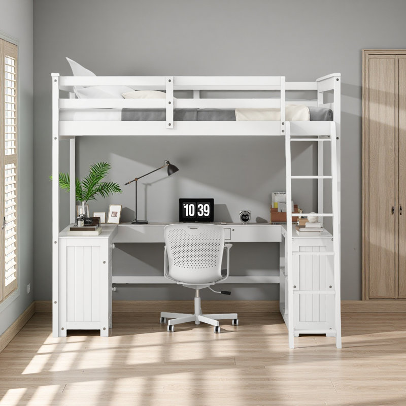 Lit mezzanine avec bureau en U, tiroirs et tablettes de rangement, Lit double, Blanc