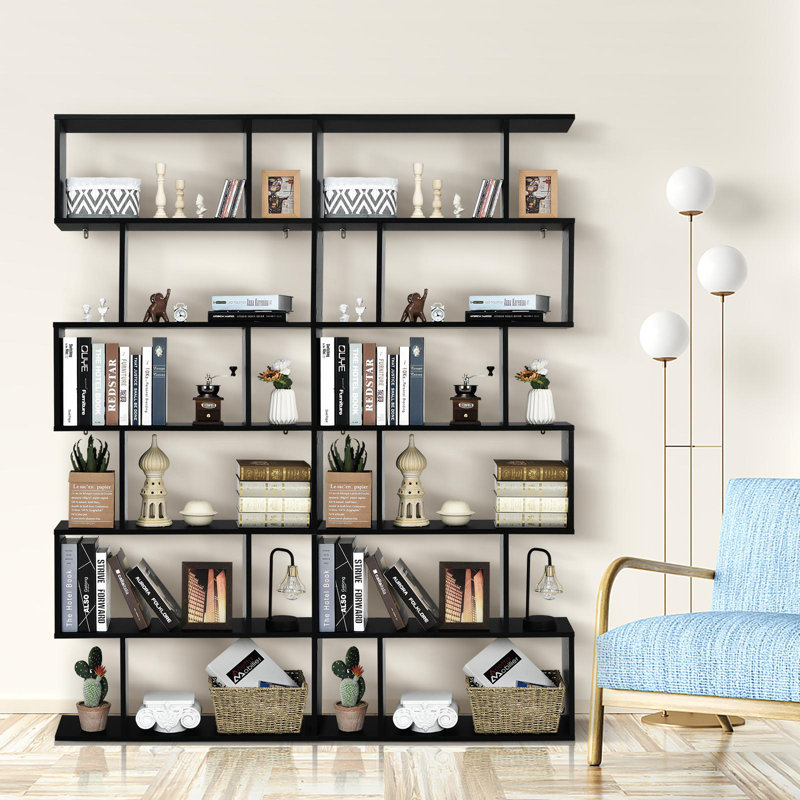  2 PCS 75” H x 31.5” H 6-Tier S-Shaped Geometric Bookcase, Black