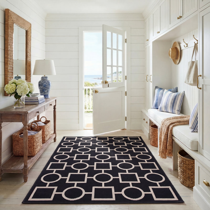 Arneshia Geometric Black/Beige Area Rug, Rectangle 5'3" x 7'7"
