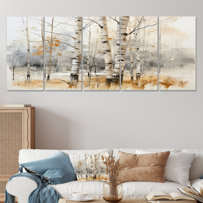 «Winter Birch Wood Forest I - Tree Birch», art mural 5 pièces, H 28 po x l 60 po