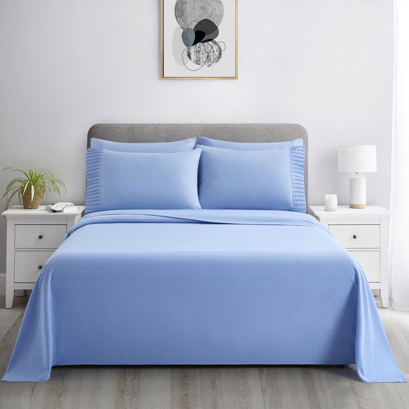 Ensemble de draps plissés en rayonne de bambou toutes saisons 4 pièces avec taies d'oreiller Marina, Bleu pâle