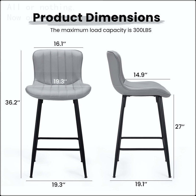 Counter Height Bar Stool Set with Faux Leather Upholstery and Chrome Base, Gray