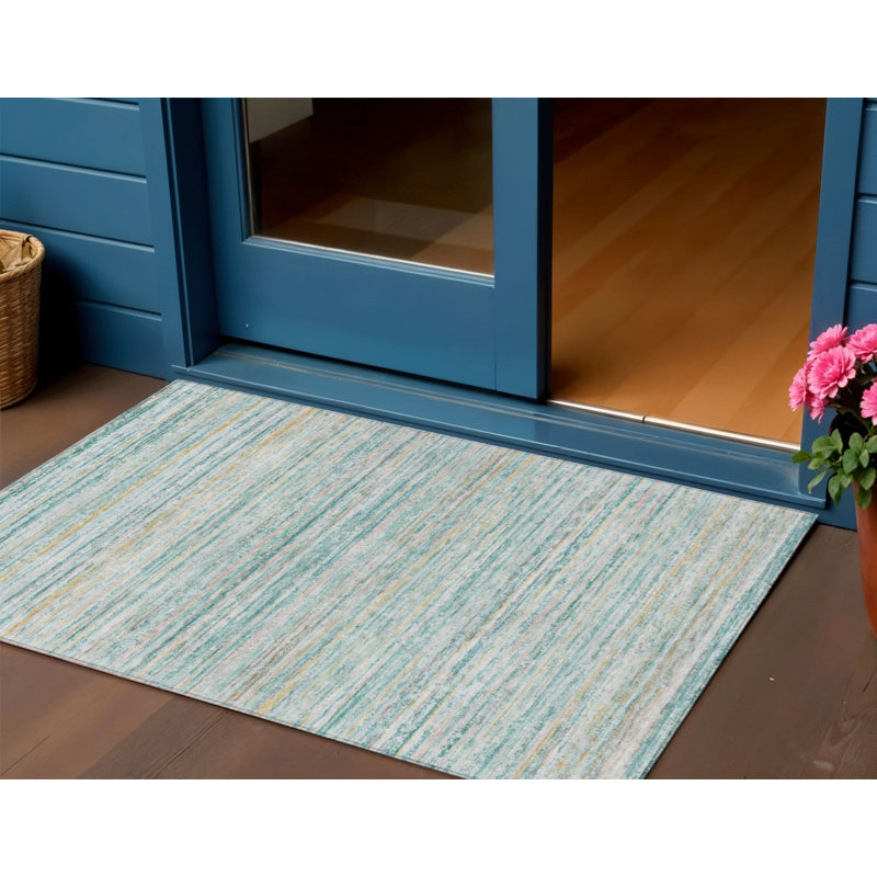3' X 5' Teal Blue Striped Washable Indoor Outdoor Area Rug