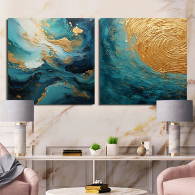 Gold Teal Ocean Spiral - Abstract Spirals Square Collage Set Of 2