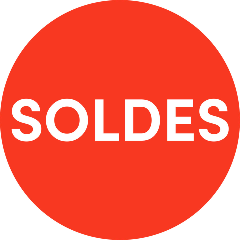 Un graphique circulaire rouge avec le mot SOLDES en lettres majuscules blanches et grasses.