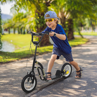 Aosom Youth Scooter Front and Rear Caliper Dual Brakes 12-Inch Inflatable Front Wheel Ride On Toy For Age 5+, Black（It is designed for single rider only.）