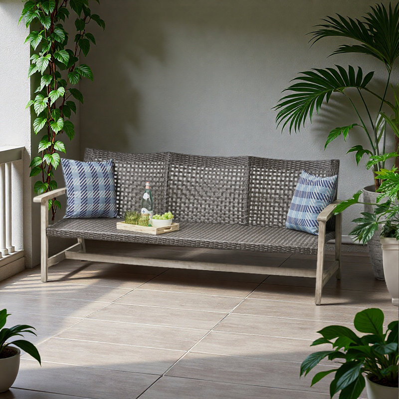 Outdoor Wicker 3 Seater Sofa, Patio Furniture Conversation Set For Backyard, Gray Oak