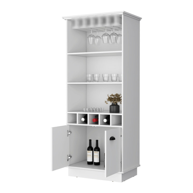 Updated White Bar Cabinet For Effective Storage - 3 Shelves, 5 Bottle , Glassware Placement Modern With Practical Features Display