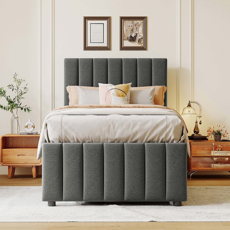 3 Drawers Upholstered Bed With Trundle, Gray, Twin