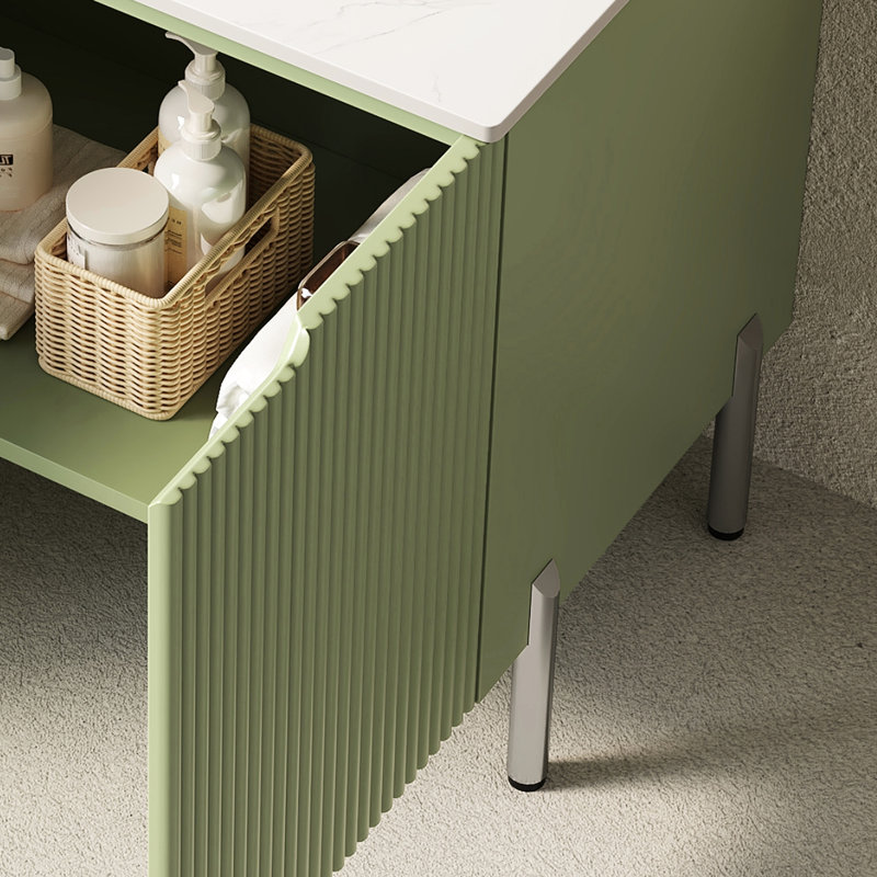 Meuble-lavabo autoportant de 30 po, lustre, lavabo rond en céramique blanche avec motif en pierre, comptoir, 2 portes d'armoire et mécanisme de fermeture silencieuse pour meuble-lavabo avec comptoir, rangement de porte
