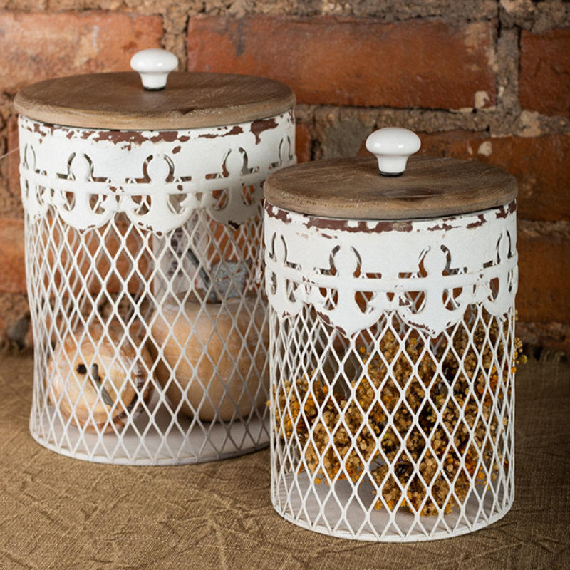 Ensemble de 2 pots en métal blanc avec pots à couvercle brun