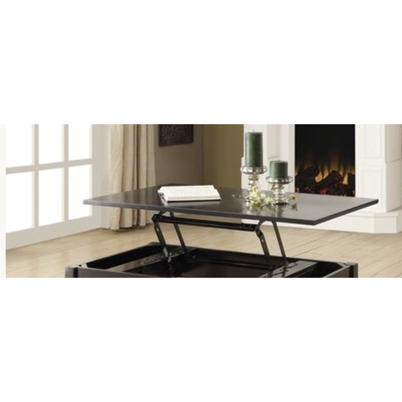 Table basse fonctionnelle à plateau relevable noir avec tablier en bois et espace de rangement dissimulé