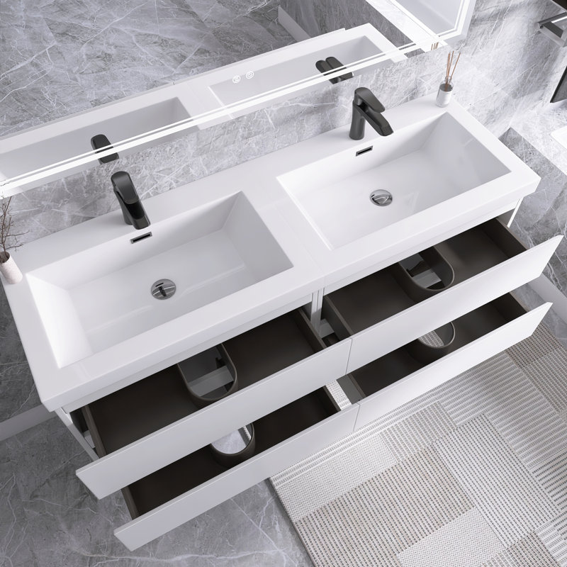 Meuble-lavabo double 60 po avec plateau en résine Princeton, Blanc