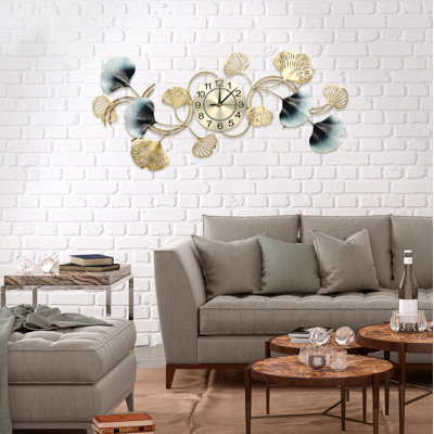 Décoration murale en métal feuille de ginkgo avec horloge