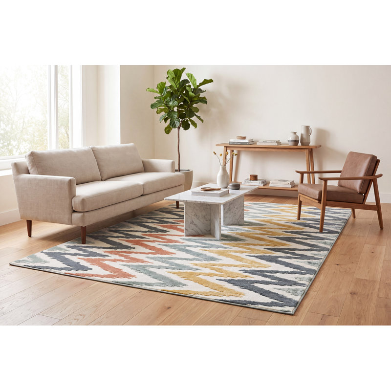 Tapis bleu à chevrons Haryss, Rectangle 5 pi x 7 pi