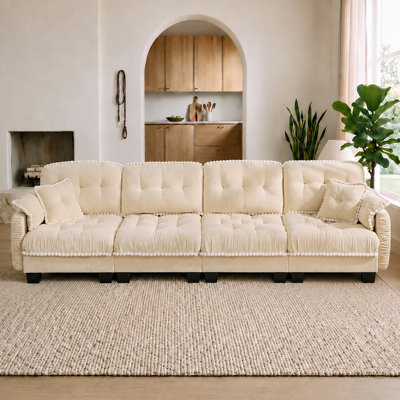 Canapé 131,5 po 4 places avec 4 coussins, garniture à pompons et coussin capitonné matelassé 131,5 po