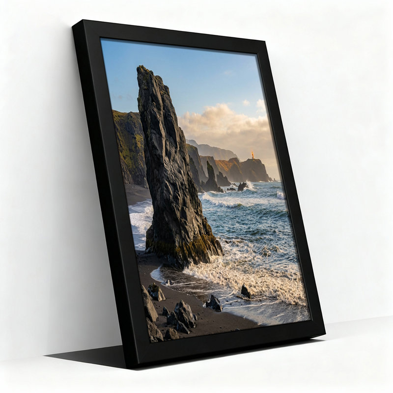 Rock Formation and Lighthouse on Black Sand Beach Canvas Wall Art, 28"H x 40"W