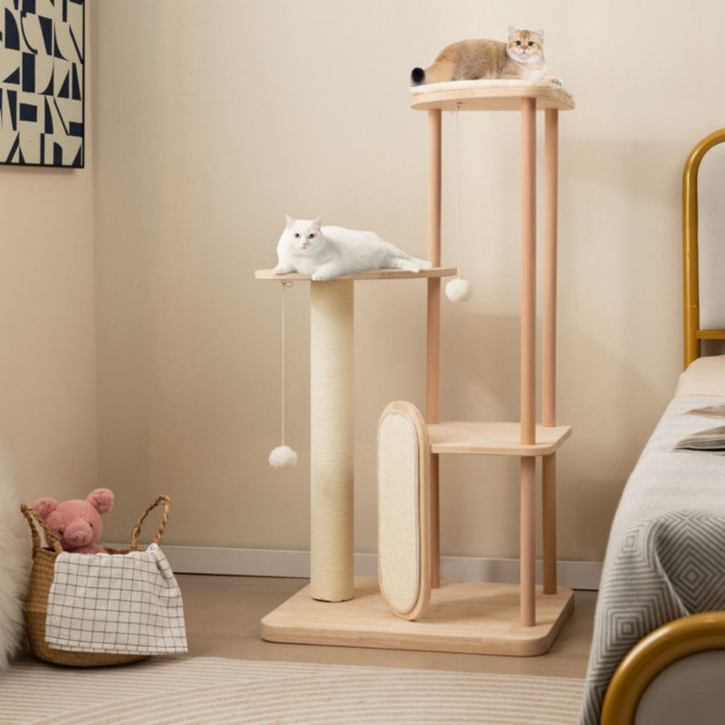 44-Inch Beige Wooden Multi-Level Cat Tower with Sisal Scratching Post