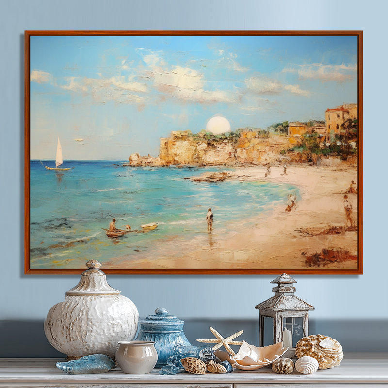 Pleine lune se levant au-dessus de l'océan italien - salon d'art mural plage, Toile avec cadre flottant brun