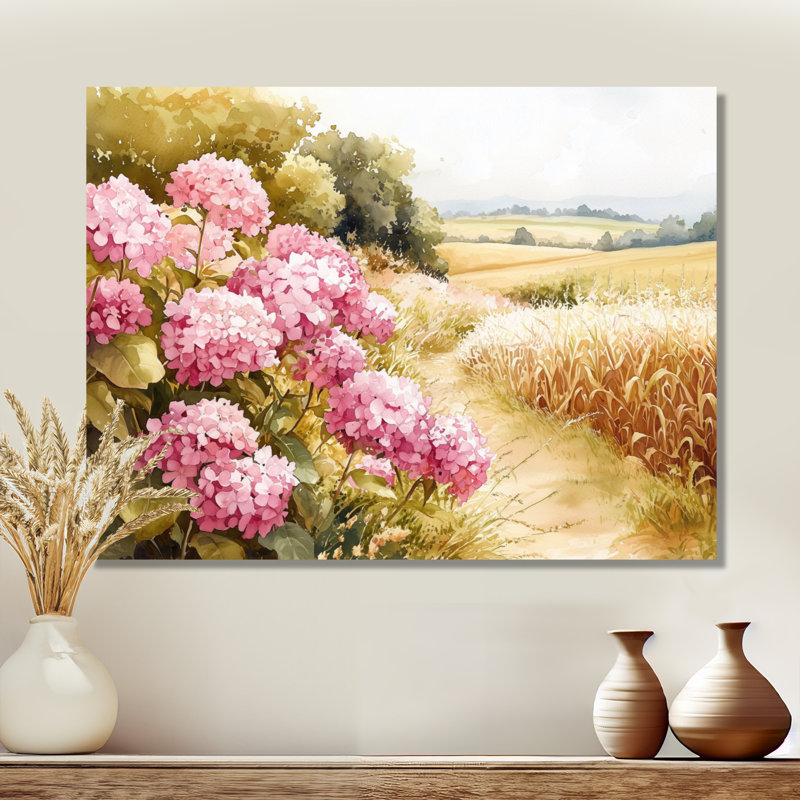Hydrangeas In The Cornfield - Hydrangea Wall Art Decor, Wrapped Canvas, 16" H x 32" W, Does Not Apply
