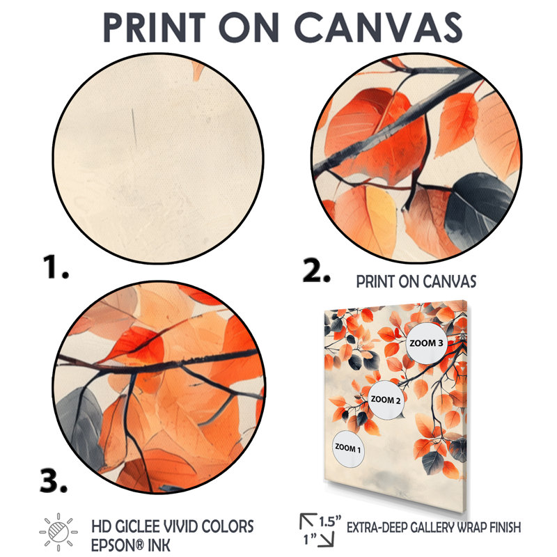 Orange orange, feuilles d'automne II - feuilles, art mural sur toile, H 32 po x l 24 po, Reproduction avec cadre flottant