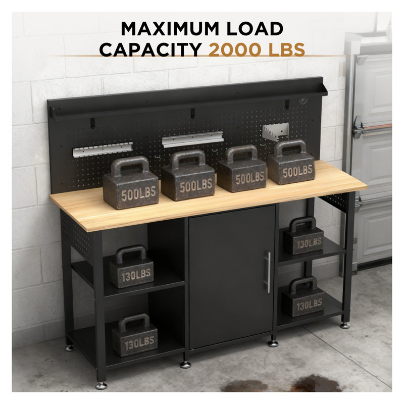Établi robuste de 60 pouces avec armoire de rangement - table de travail de garage en bois, capacité de 2000 lb, panneau perforé et prise de courant