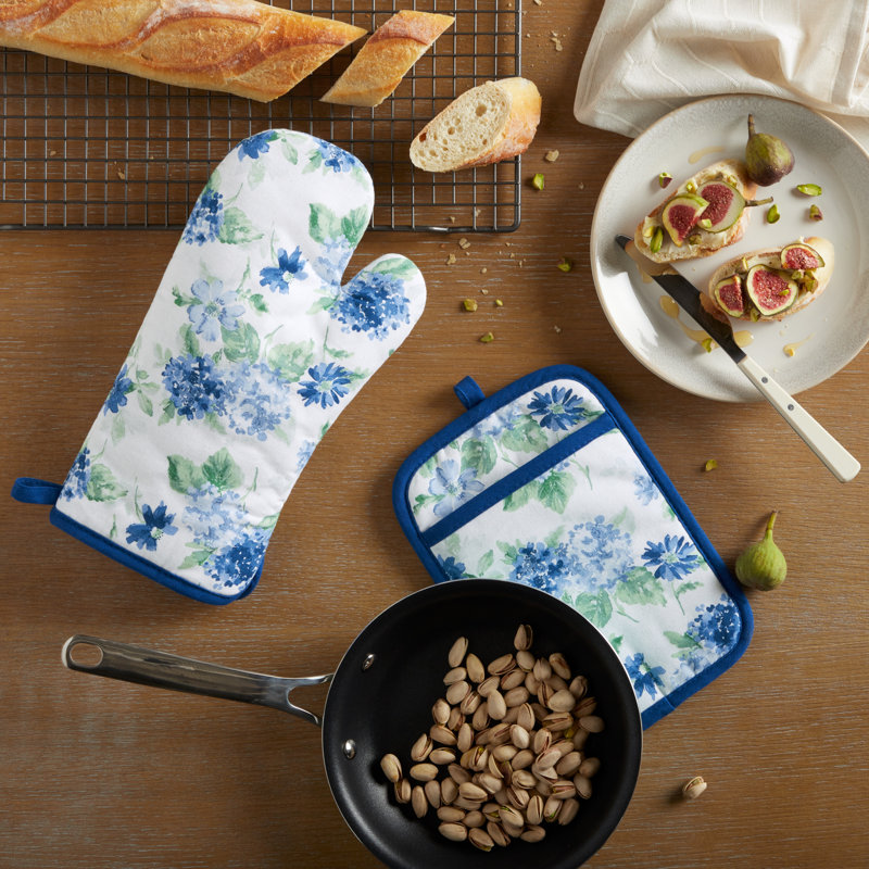 Blue Green Floral Cotton Oven Mitt and Pot Holder Set