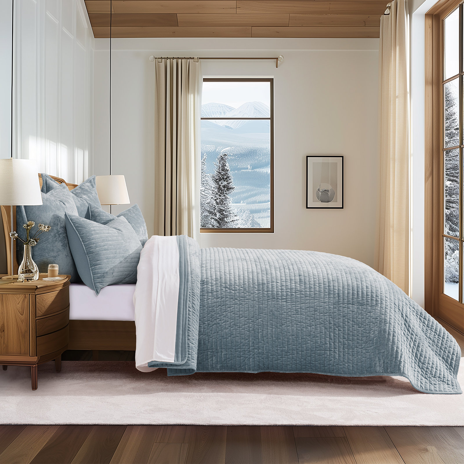 Velvet Quilt Set, King, Blue Linen