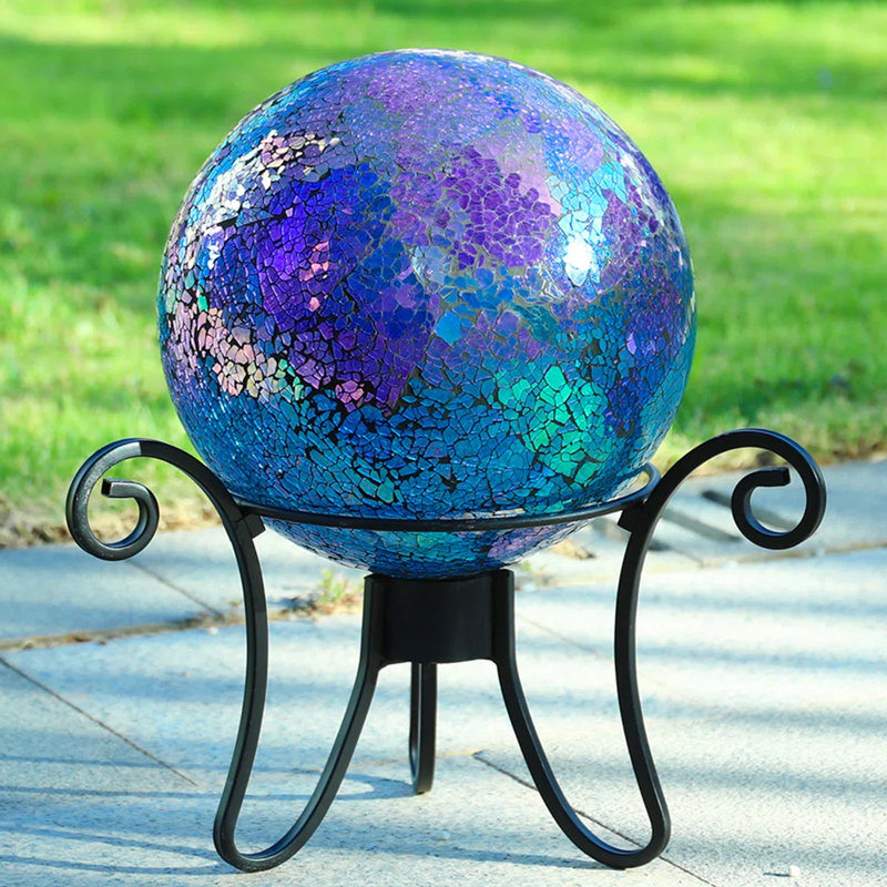 Boule de regard en verre mosaïque holographique irisé de 10 pouces, boule sphère de jardin, globe de verre mosaïque multicolore, ornement, décoration de paysage de pelouse de jardin résistant aux intempéries
