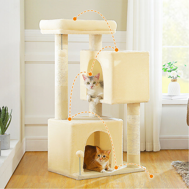 Arbre à chat L 43,3 po pour chat de taille moyenne à plus de 20 lb, 2 grottes spacieuses avec grattoir épaissi de 3,4 po, grand perchoir supérieur, 2 jouets interactifs