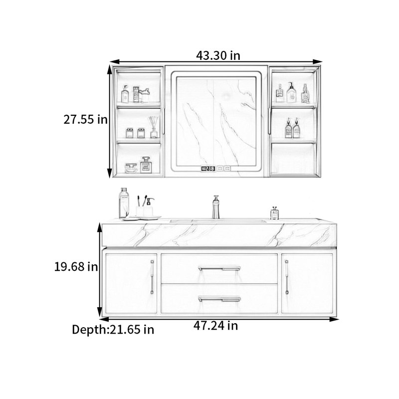 Modern rock slab integrated basin bathroom cabinet, 19.68" H x 47.24" W x 21.65" D